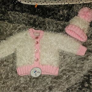 Pink and White Fuzzy Baby Cardigan and Hat Set